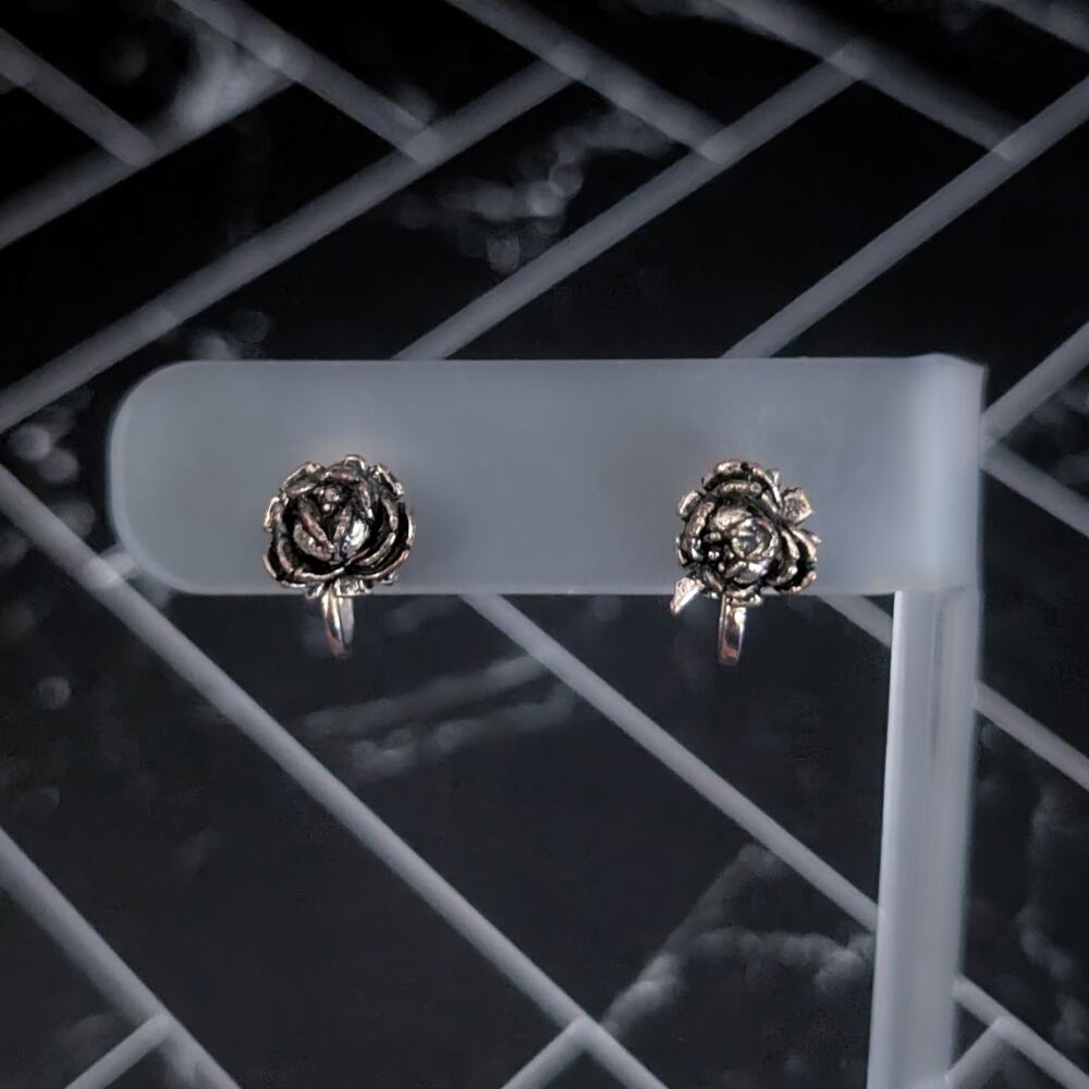 Vintage Screw On Earrings - Dark Silver Tone Rose - 3/8"